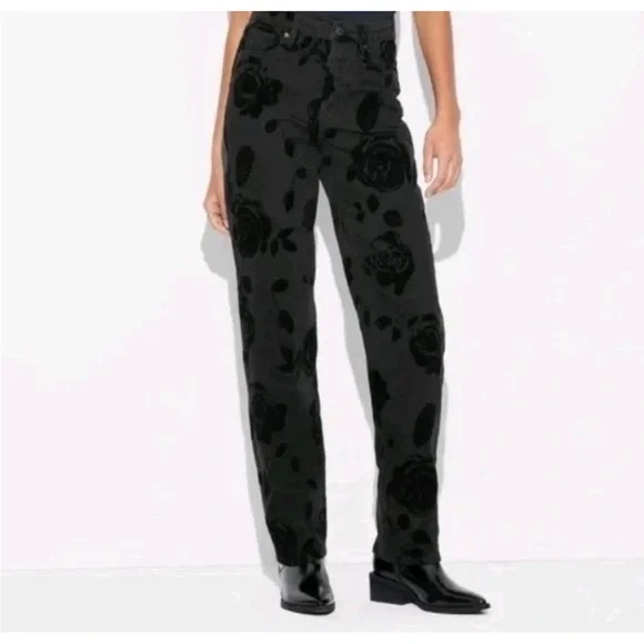 Wild Fable Flocked Floral High Rise Straight Leg Easy Rigid Black Jeans | NWT! - Picture 2 of 11